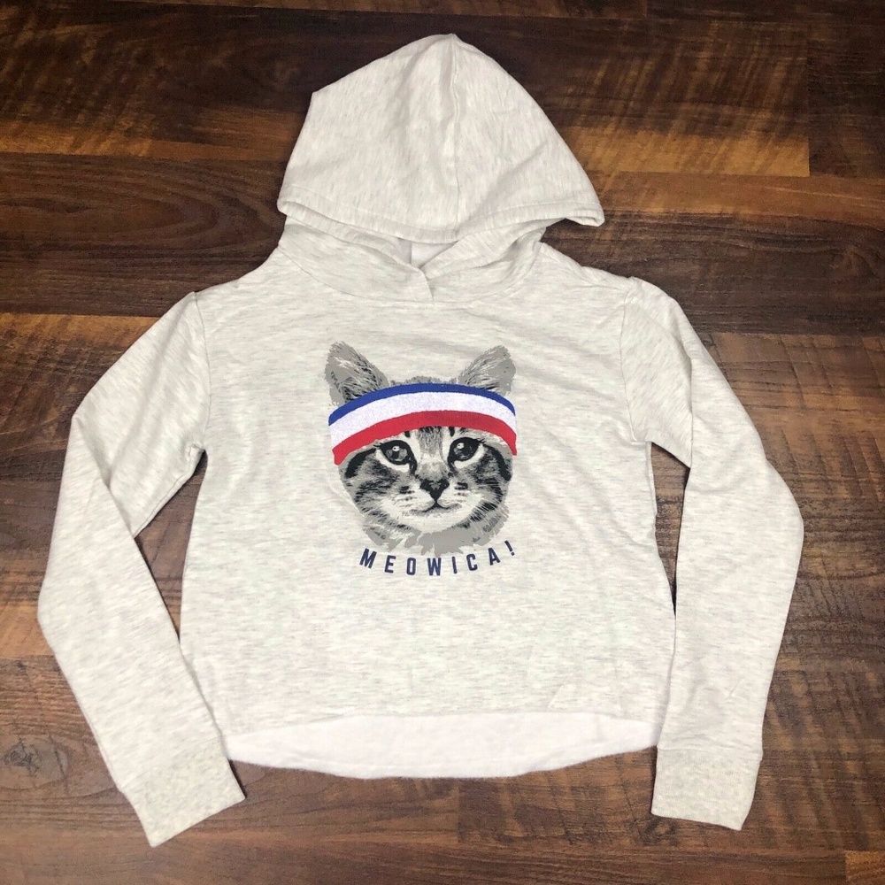 NWT Justice MEOWICA Red White Blue Hoodie Cat Grey